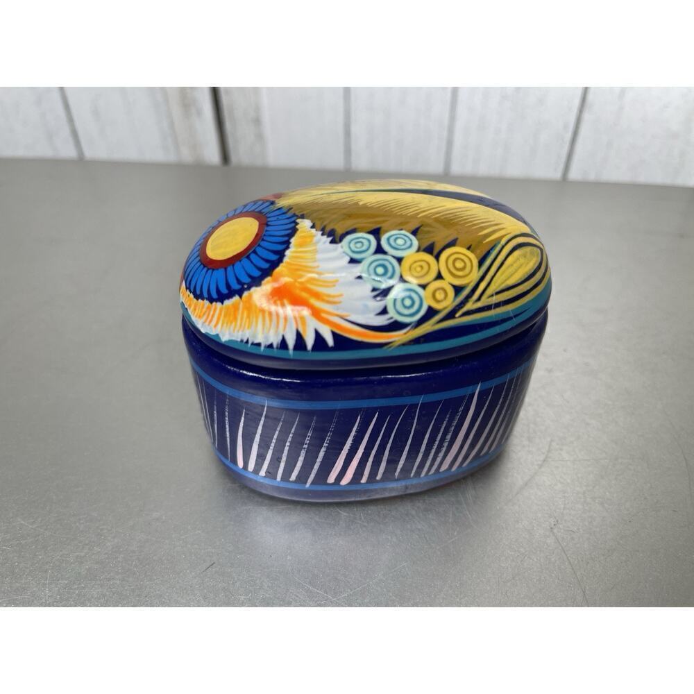 Mexican Hand Painted Clay Round Trinket Box Dish Folk Art Lidded